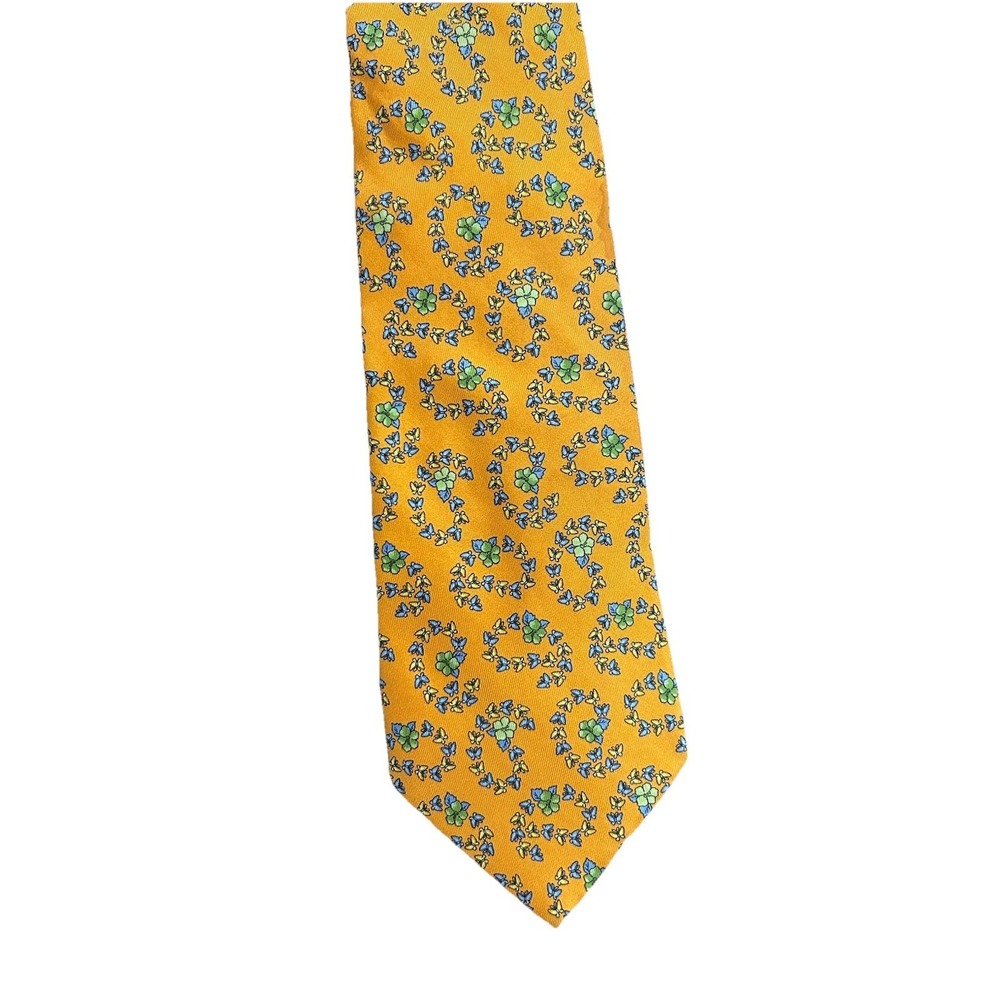 Salvatore Ferragamo Silk Tie Yellow Orange Butterfly Wreath Print Vintage Italy